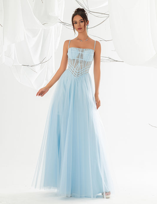 Sexy Spaghetti Straps Mesh Contrast Long Tulle Prom Dress