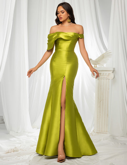 Elegant Off Shoulder Floor Length Split Thigh Evening Dress