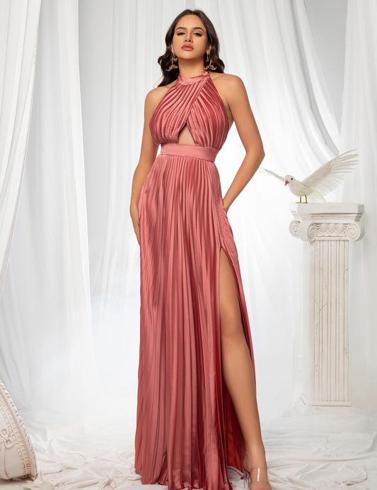 Glamourous Halter Bandage Cut out Long A line Pleated Evening Dress
