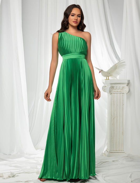 Glamourous One Shoulder A Line Pleated Maxi Evening Dress