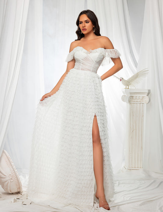 Womens Elegant Off Shoulder Ruffle Wrap Mesh A Line Maxi Formal Dress, Bodice Lace Split Bandage Prom Wedding Gown