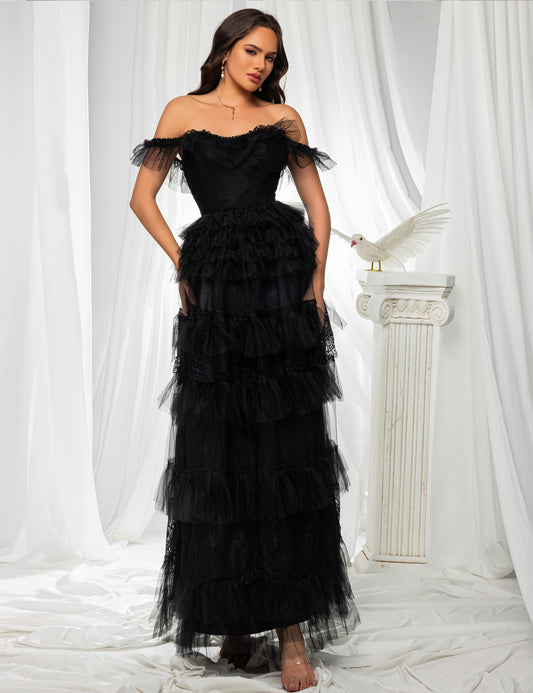 Women's Off Shoulder Puffy Sleeves Tulle Layers Lace up Formal Dress